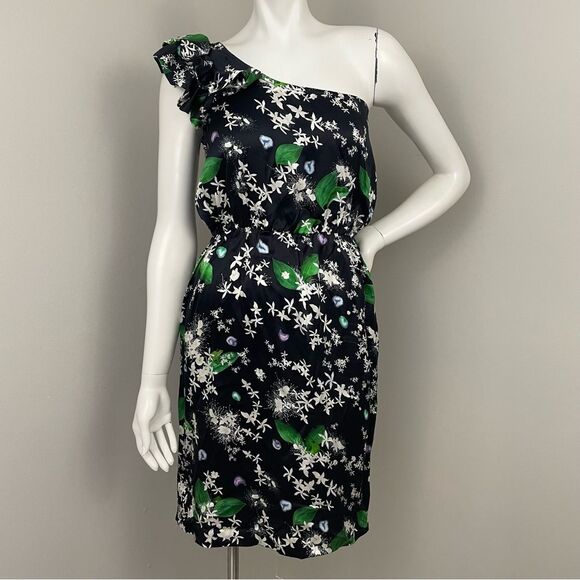 ISOLDA Frog Leaf Print Black Silk One Shoulder Ruffle Mini Dress - Picture 1 of 8